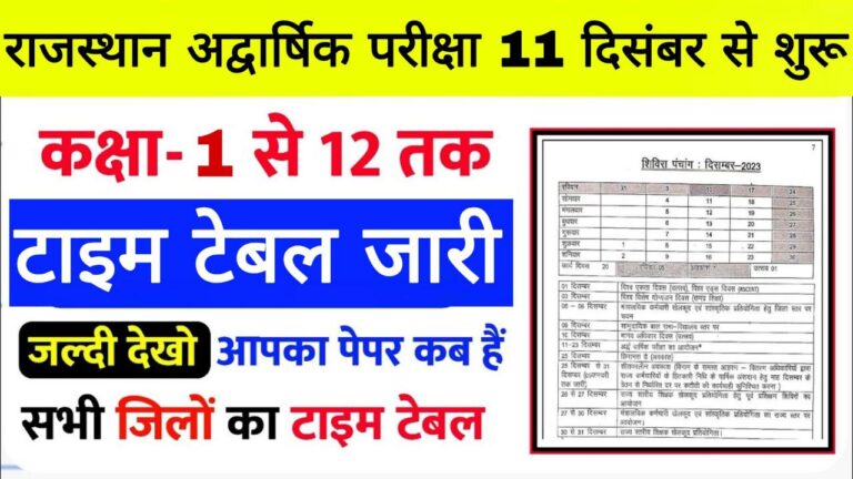 Rajasthan Half Yearly Exam Time Table