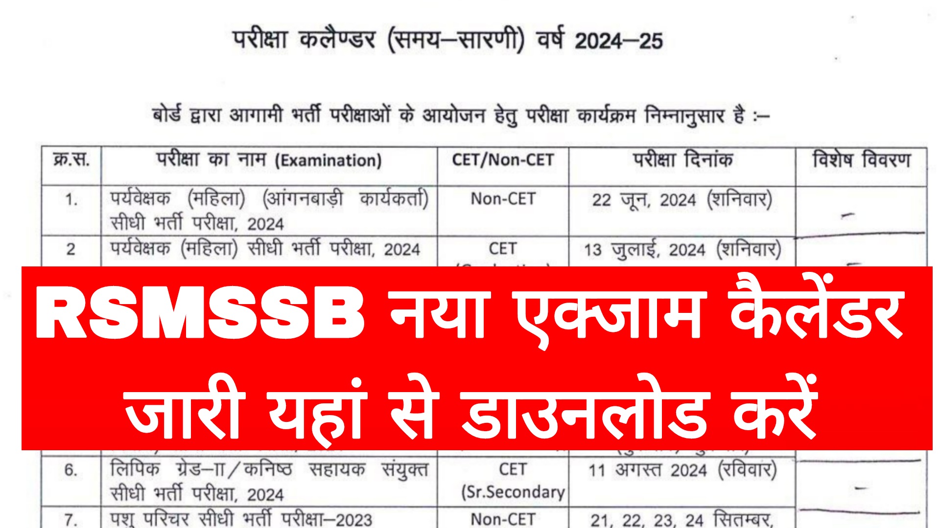 RSMSSB Exam Calendar