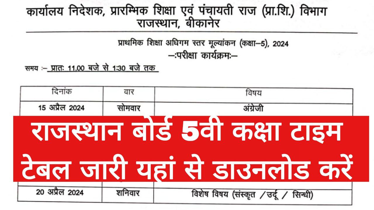 Rajasthan Board 5th Time Table