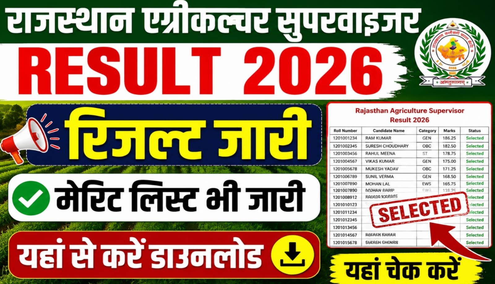 Rajasthan Agriculture Supervisor Result 2026
