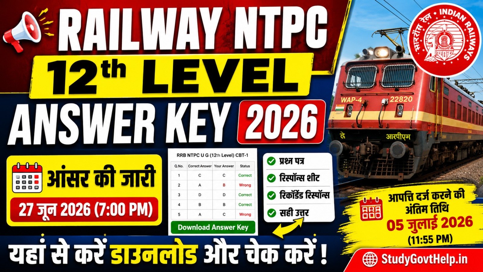 Railway NTPC 12th Level Answer Key 2026